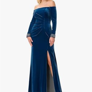 Adrianna Papell Elegant Velvet Ocean Wave Blue Off-Shoulder Dress